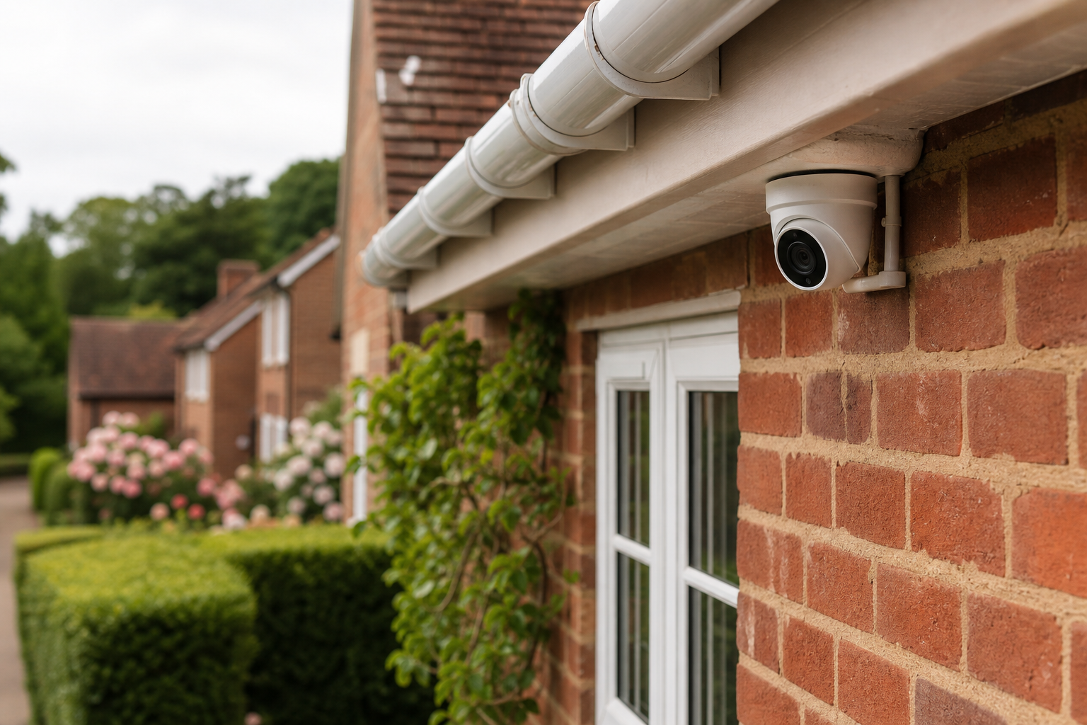 Discreet external turret CCTV camera installed beneath the eaves of a British brick home